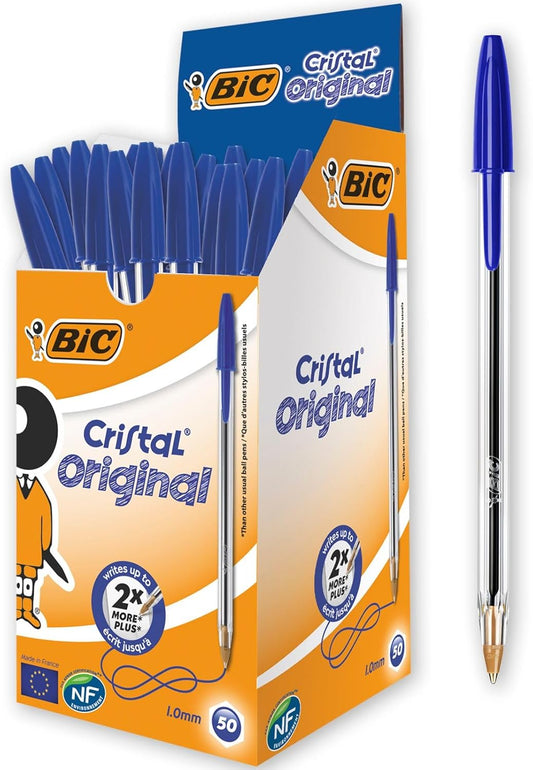 BIC Cristal bolígrafos, para uso escolar y oficinas (punta 1,0mm) 50 unidades